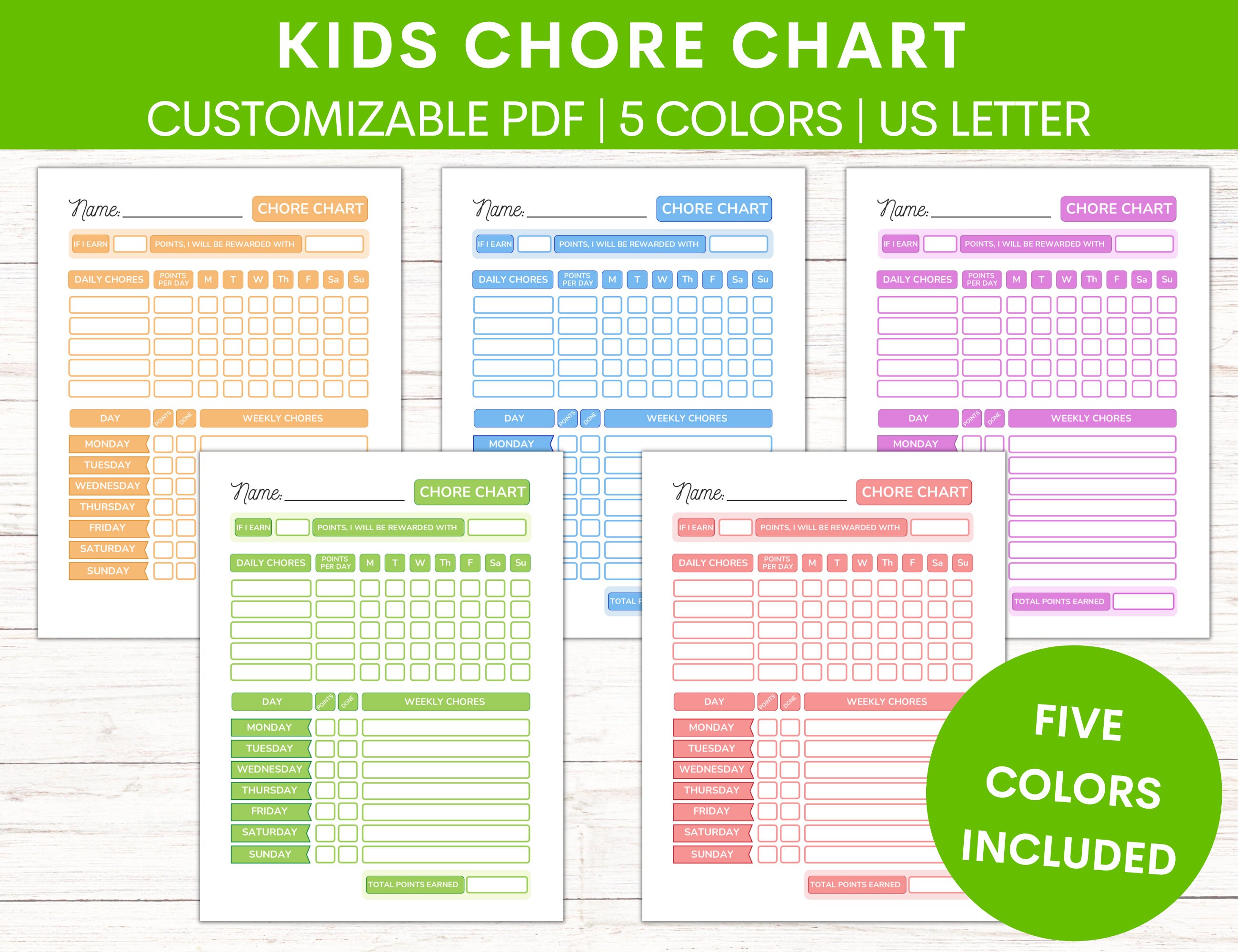 Customizable Kids Chore Chart With Point System | Fillable, Editable ...
