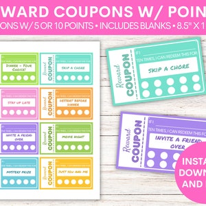 Coupons de récompense pour enfants avec points | Imprimable | Carte perforée pour enfants | Carte de fidélité Comportement Bucks | Téléchargeable | Pour garçons et filles