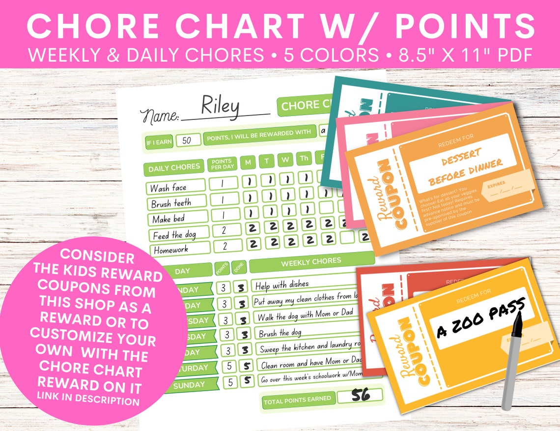 Kids Chore Chart With Point System Children's Allowance Tracker ...