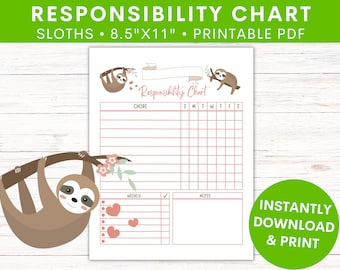 Sloth Kid and Teen Responsibility Chart | Children's Reward Chart | Good Behavior Chart | Printable | Downloadable | For Girls or Boys