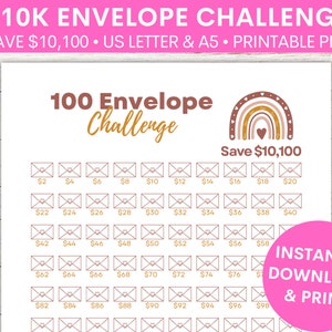 Desafio de envelope 10k 100 Boho Design | Rastreador de economia de 10 mil ou 10.000 dólares | Minimalista | Baixar PDF | Carta dos EUA e A5 | Rastreador digital