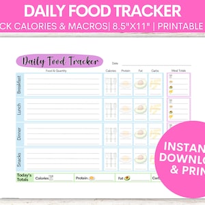 Daily Food Tracker | Calories and Macros Tracker | Printable | Instant Download | Daily | Weekly | Monthly
