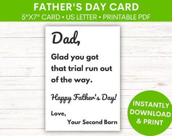 Father's Day Greeting Card from Second Born | Funny Card for Dad | From Son | From Daughter | Funny Printable PDF Card