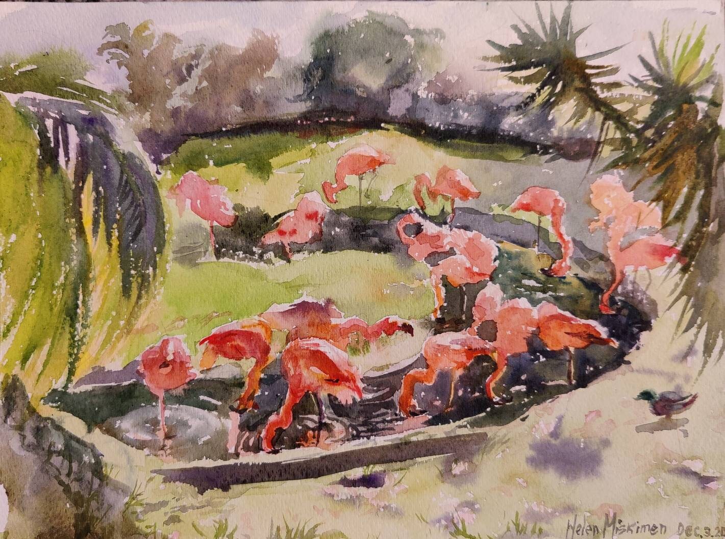 Image of Flamingo bush in painting