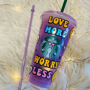 Love More Worry Less Starbucks cup| personalized Starbucks cups| reusable cup| Valentine’s Day gift| Smiley cup