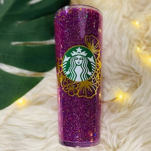Starbucks Tumbler (24oz)| Glitter Snow Globe w/ flower logo| Snow Globe Cup- Snow Globe Tumbler