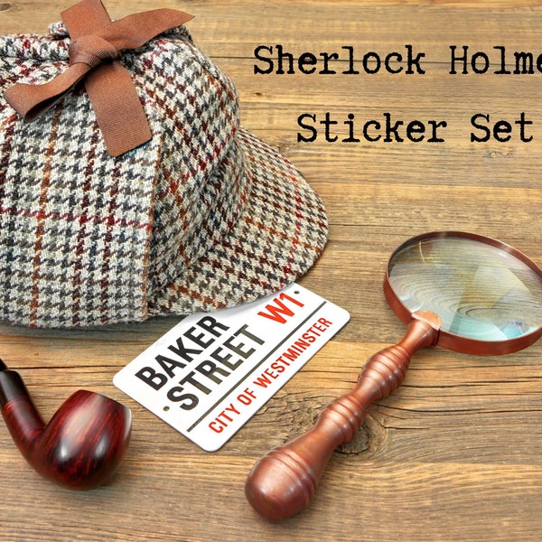 Sherlock Holmes vinyl sticker set,  perfect for journals, planners, or computers.  Water resistent matte finish, set of 9