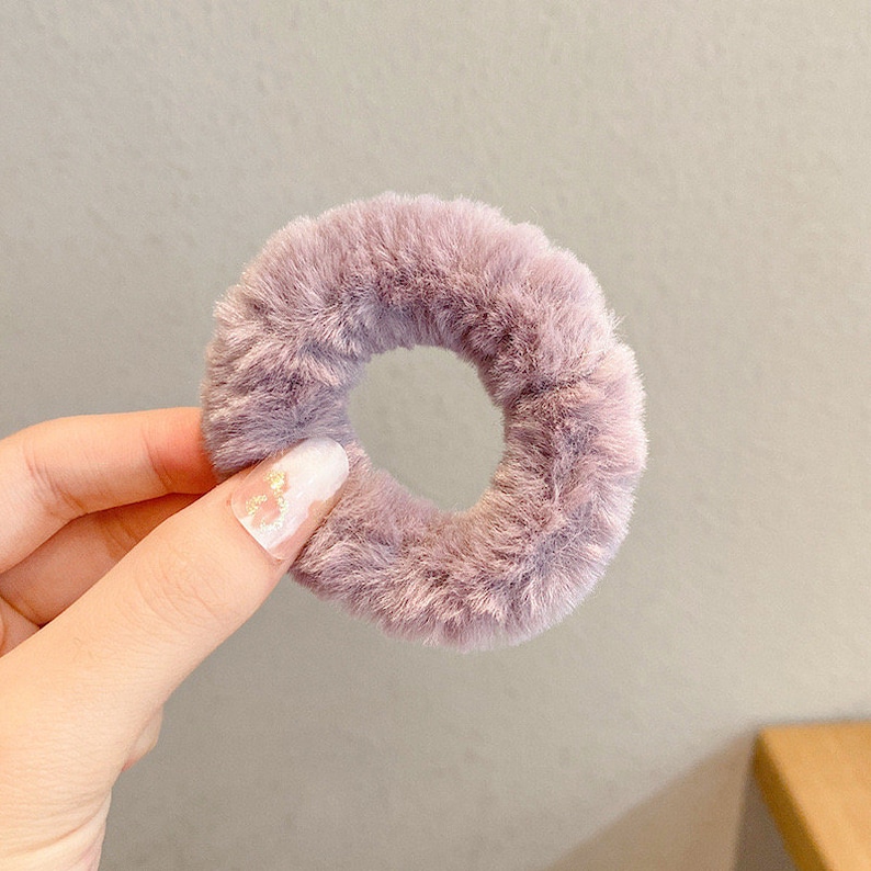 Creamy Fluffy Retro Scrunchies Fuzzy White Pink Scrunchies Furry Purple