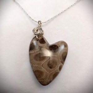 Petoskey Stone & Leland Blue Bubble Heart 2 Sided Pendant, Jewelry, Natural, Necklace, Michigan, Sterling Silver
