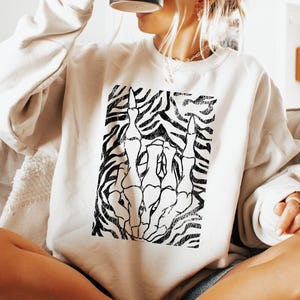 Skeleton Hand Zebra Print Sweatshirt: Unisex Boho Fall Pullover