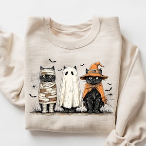 Halloween Black Cat Sweatshirt, Ghost Cat Sweatshirt, Spooky Cat Shirt, Retro Halloween Sweatshirt, Black Cat Sweater, Womens Halloween Tees