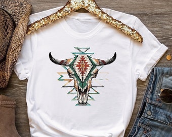 Western Aztec Cow Skull Shirt: Boho Rodeo Tee
