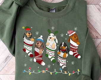 Dachshund Christmas Sweatshirt, Dog in Stockings Crewneck