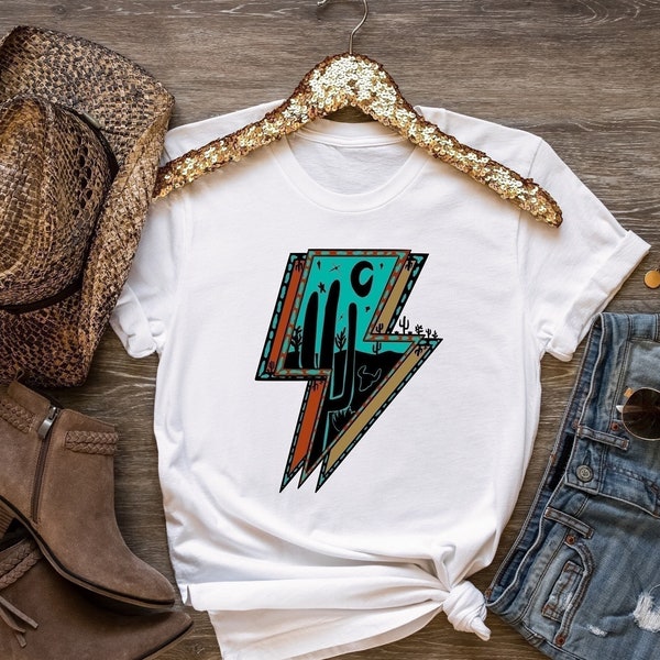 Western Lightning Bolt Shirt, Desert Shirt, Western Southern Tshirt, Desert Vibes, Boho Cowgirl Shirt, Aztec Shirt, Turquoise Shirt, Texas