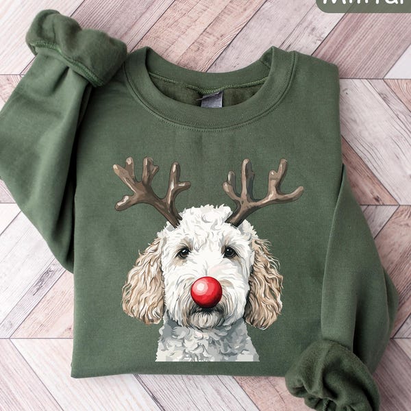 White Goldendoodle Christmas Sweatshirt, Reindeer Dog Sweater, Cute Holiday Shirt, Rudolph Dog Lover Gift, Cozy Winter Pullover