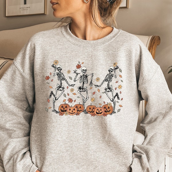 Dancing Skeleton Sweatshirt, Pumpkin Sweater, Pumpkin Skeleton Shirt, Fall Sweatshirt, Halloween Party Sweatshirt, Spooky Season Sweatshirt