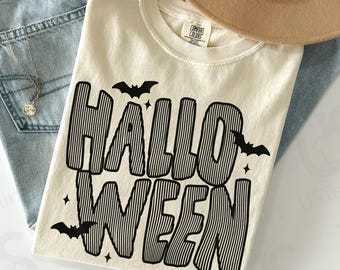 Camiseta Comfort Colors de Halloween / Camiseta con estampado de la temporada de Halloween / Camiseta retro de murciélagos / Camiseta para fiesta de Halloween