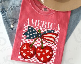 Comfort Colors America 250 Shirt, Patriotic Coquette Cherry Tee, 4th Of July, Checkered American Flag Bow, USA 250th Apparel, Summer Holiday