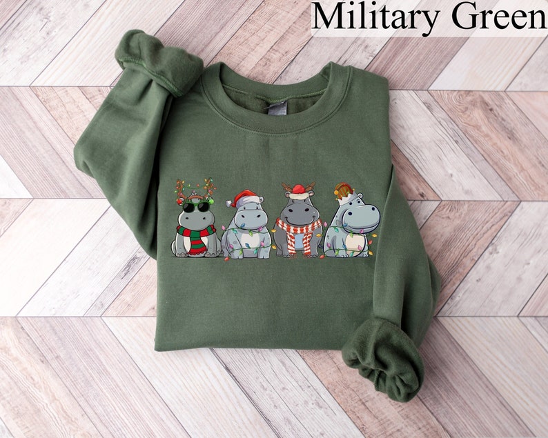 Hippopotamus Christmas Sweatshirt, Retro Hippo Christmas Shirt, Holiday Sweaters, Christmas Gift, Christmas Crewneck, Womens Christmas Shirt image 1