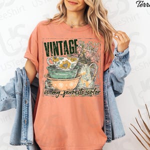 May include: Terracotta-colored t-shirt with a vintage-style graphic. The graphic features stacked teacups and bowls, a floral pitcher, and the text "VINTAGE is my favorite color" in a distressed font. The shirt is a relaxed fit.