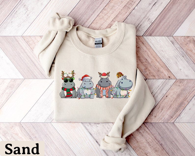 Hippopotamus Christmas Sweatshirt, Retro Hippo Christmas Shirt, Holiday Sweaters, Christmas Gift, Christmas Crewneck, Womens Christmas Shirt image 2