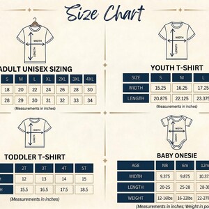 May include: A size chart graphic featuring four categories: Adult Unisex, Youth T-Shirt, Toddler T-Shirt, and Baby Onesie. Each section includes a line drawing of the garment with width and length arrows and a table of measurements in inches.