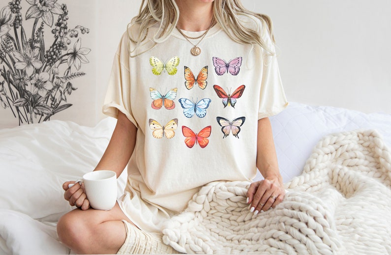 Comfort Colors® Butterflies Shirt, Boho Butterfly Shirt, Cottagecore Aesthetic Comfort Colors, Butterfly Graphic Tee, Trendy Womens Shirts image 5