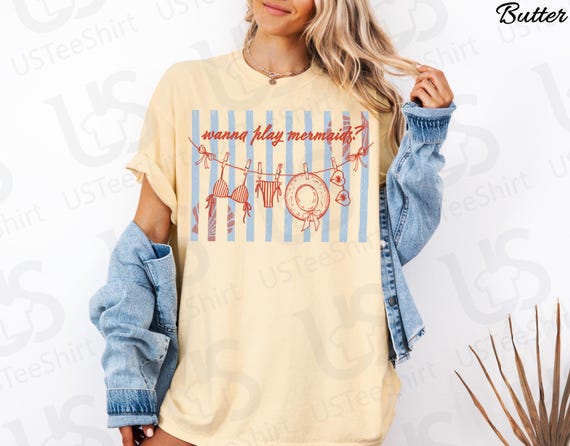 Comfort Colors Wanna Play Mermaids Shirt, Preppy Summer Beach Tee, Retro Pool Party Outfit, Girls Beach Trip Apparel, Cute Ocean Graphic Tee