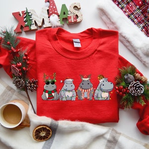 Hippopotamus Christmas Sweatshirt, Retro Hippo Christmas Shirt, Holiday Sweaters, Christmas Gift, Christmas Crewneck, Womens Christmas Shirt image 4