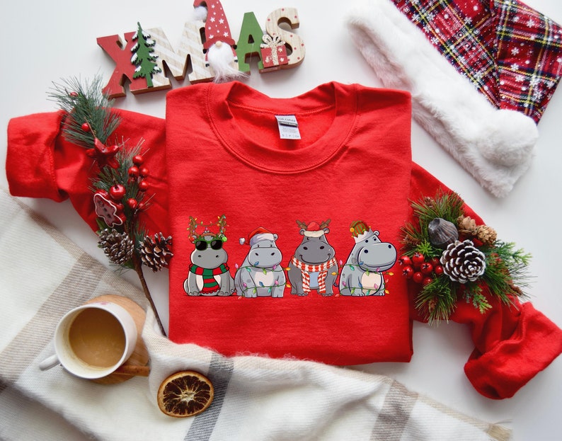 Hippopotamus Christmas Sweatshirt, Retro Hippo Christmas Shirt, Holiday Sweaters, Christmas Gift, Christmas Crewneck, Womens Christmas Shirt image 4