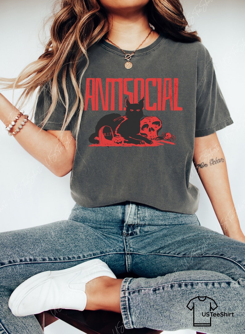 Comfort Colors® Antisocial Shirt, Black Cat Shirt, Gothic Shirt, Sarcastic Shirt, Dark Art T shirt, Cat Lover Gift, Trendy Womens Shirts, Gift For Halloween, Fall Graphic Tee