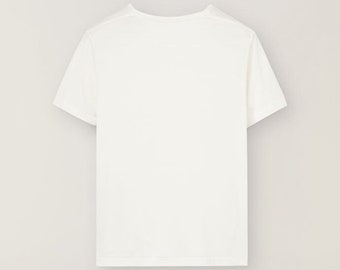 May include: A plain white t-shirt with short sleeves and a crew neck.