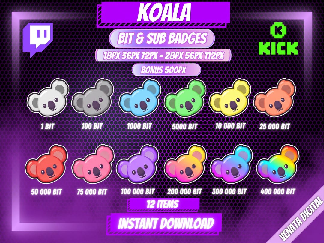 Cute Koala Twitch Sub Badges - Colorful Koala Bit Badges for Kick ...