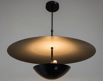 Mid-Century Black Brass Disk Chandelier: Handmade Flush Mount Ceiling Light