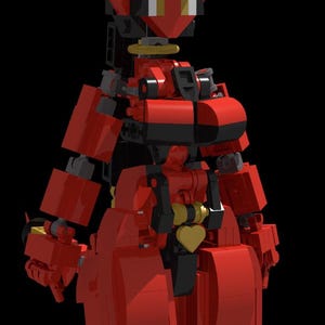 Op de afbeelding: Een rood en zwart Lego-figuur van een vrouwelijke demon met hoorns, een hartvormige hanger en een gouden halo. Het figuur is geconstrueerd uit verschillende Lego-stenen, met een gedetailleerd ontwerp met scharnieren.