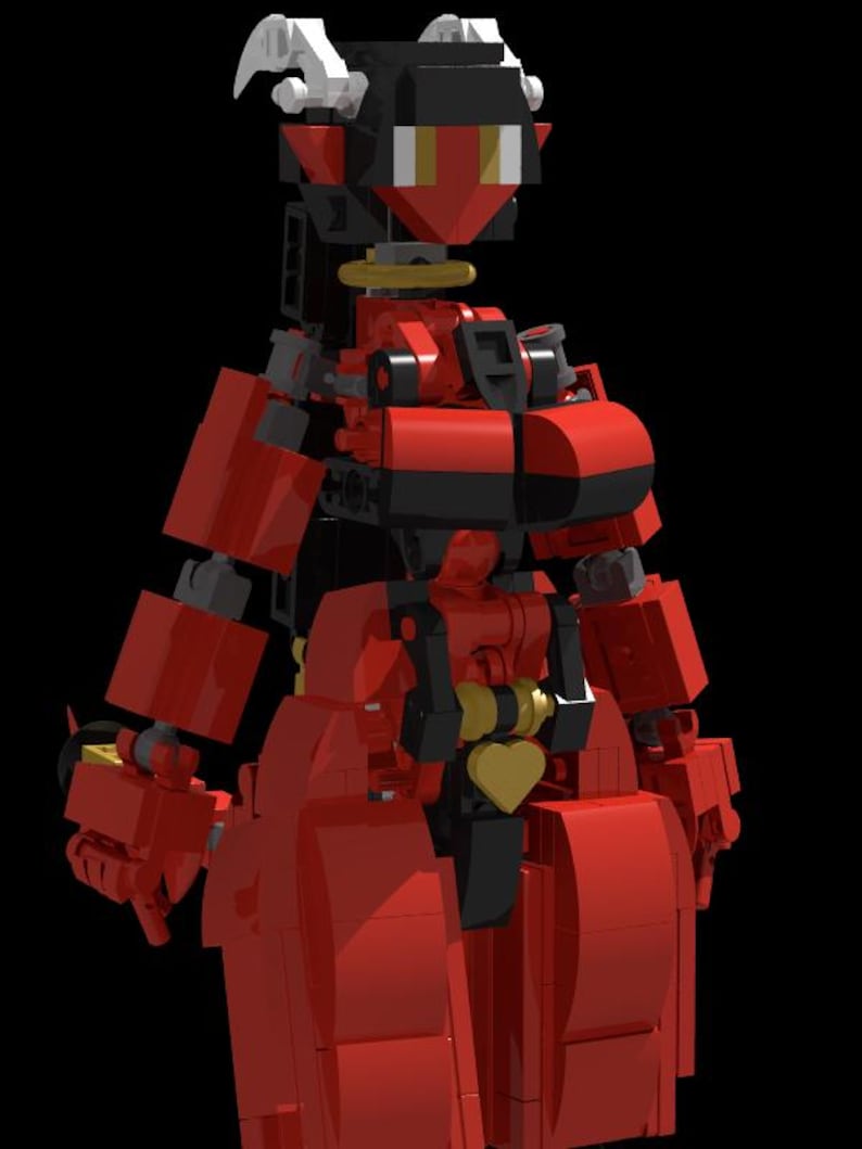 Op de afbeelding: Een rood en zwart Lego-figuur van een vrouwelijke demon met hoorns, een hartvormige hanger en een gouden halo. Het figuur is geconstrueerd uit verschillende Lego-stenen, met een gedetailleerd ontwerp met scharnieren.