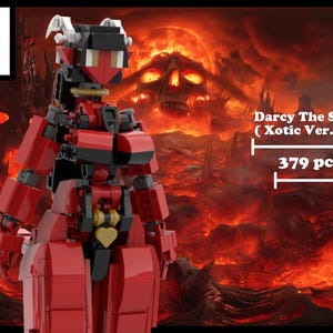 Op de afbeelding: Een rood en zwart robotfiguur met een hartvormig detail, tegen een vurige achtergrond. Het figuur heeft hoorns en is gelabeld "Darcy The Succubus (Xotic Ver.)". De afbeelding bevat ook de tekst "379 stuks".