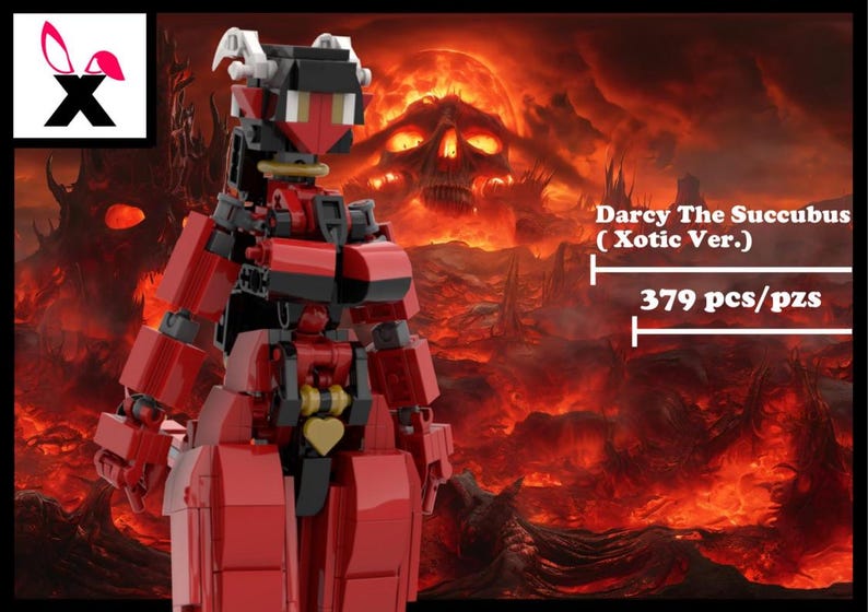 Op de afbeelding: Een rood en zwart robotfiguur met een hartvormig detail, tegen een vurige achtergrond. Het figuur heeft hoorns en is gelabeld "Darcy The Succubus (Xotic Ver.)". De afbeelding bevat ook de tekst "379 stuks".