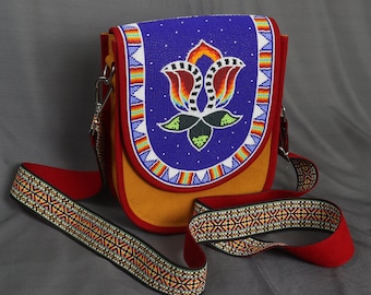 Beliacci Canvas Crossbody Shoulder Bag. Handmade Native American Style Beaded Canvas Bag With Adjustable Strap