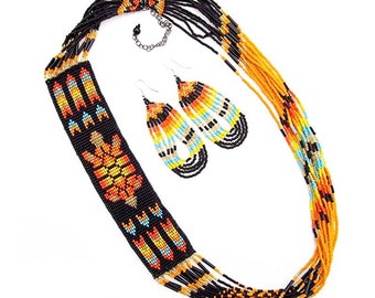 Beliacci Beaded Layered Necklace with Earrings Set. Native American Inspired Beaded Necklace. Fashion Jewelry For Women