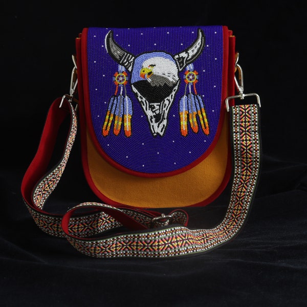 Beliacci Canvas Crossbody Shoulder Bag. Handmade Native American Style Beaded Canvas Bag With Adjustable Strap