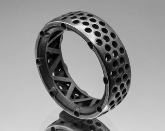 Unique Mens Wedding Band/ Fashion Ring/ Memento Mori, Blackened Sterling Silver, Brushed Gunmetal Finish, Handmade In USA, Cool Manly Design