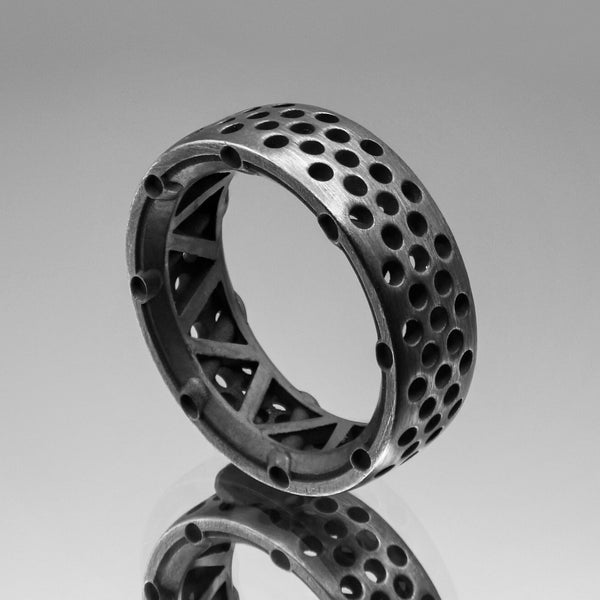 Unique Mens Wedding Band/ Fashion Ring/ Memento Mori, Blackened Sterling Silver, Brushed Gunmetal Finish, Handmade In USA, Cool Manly Design