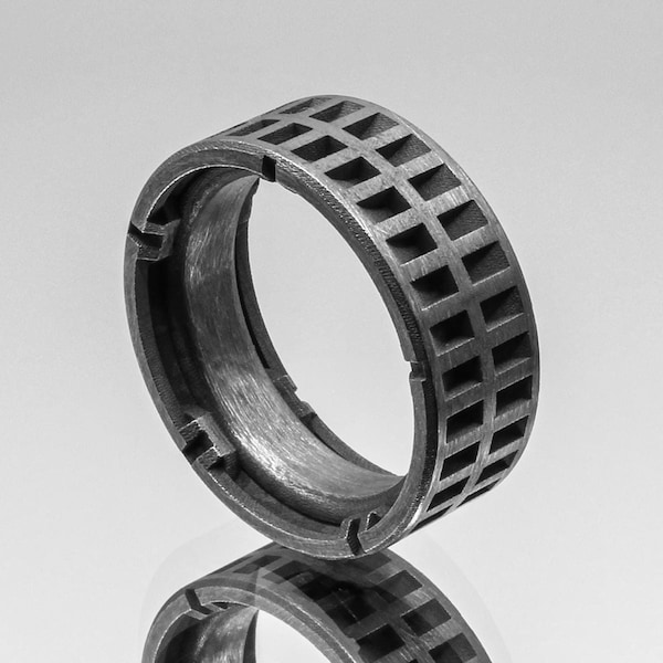 Unique Mens Wedding Band/ Fashion Ring/ Memento Mori, Blackened Sterling Silver, Brushed Gunmetal Finish, Handmade In USA, Cool Manly Design
