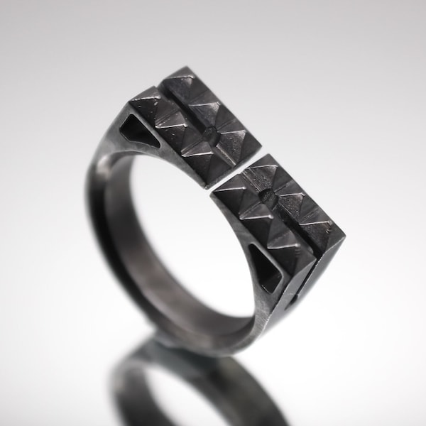 Tactical Ring EDC Gear Tool / Fashion Ring/ Memento Mori, Blackened Sterling Silver, Spiked Signet Ring, Handmade In USA, Cool Manly Design