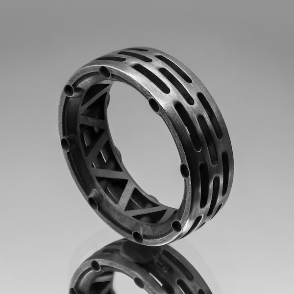 Unique Mens Wedding Band/ Fashion Ring/ Memento Mori, Blackened Sterling Silver, Brushed Gunmetal Finish, Handmade In USA, Cool Manly Design