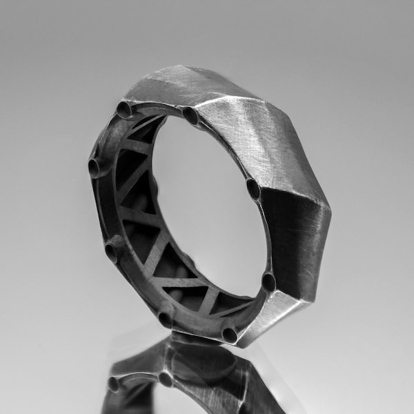 Unique Mens Wedding Band/ Fashion Ring/ Memento Mori, Blackened Sterling Silver, Brushed Gunmetal Finish, Handmade In USA, Cool Manly Design