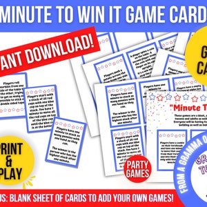 Tarjetas de juego "Minuto para ganar" para niños y adultos, tarjetas de juego de un minuto, juegos de 60 segundos imprimibles, juegos de fiesta para descargar, noche de juegos en familia
