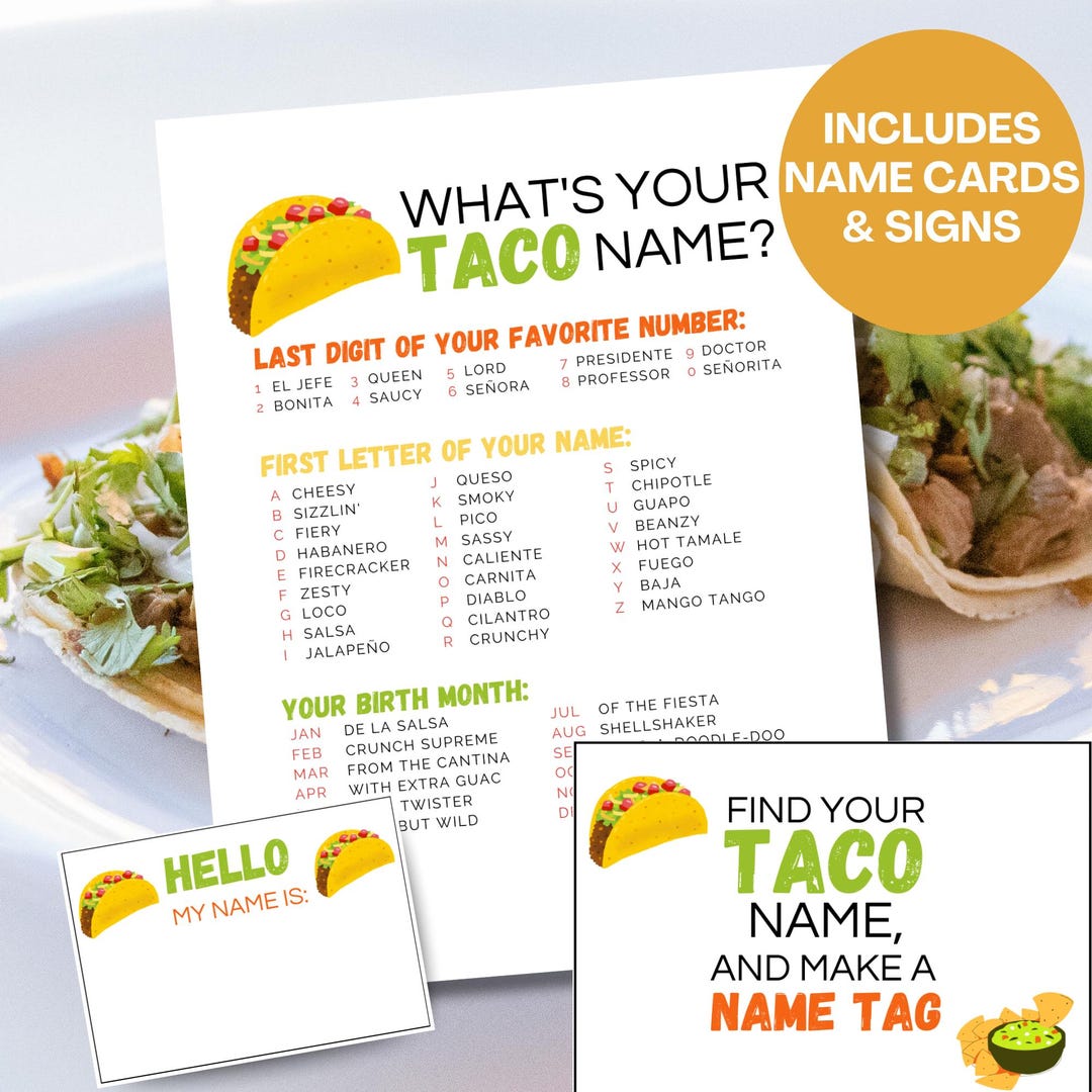 What's Your Taco Name Game, Taco Tuesday Activities, Fiesta Birthday ...
