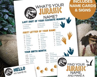 What's Your Dinosaur Name Game, Jurassic World Party Games, Dinosaur Name Generator, Jurassic Park Birthday Party, Jurassic World Game Dino